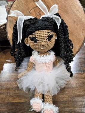 Handmade Crochet Doll Of Color In Pink And Taffeta. Curly Black Hair. NEW